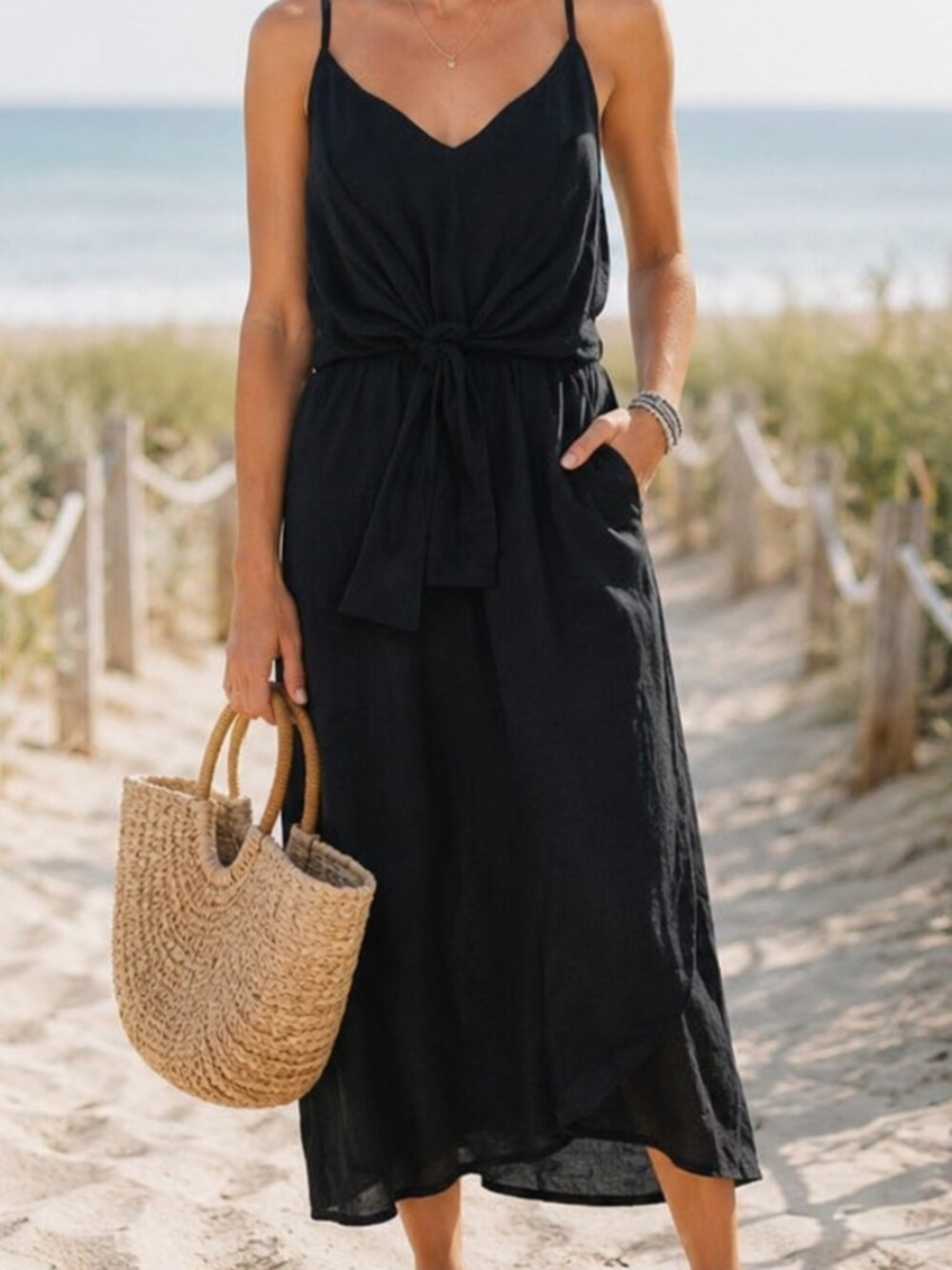 Banana Republic Strappy Wrap Midi Dress XL 16 Black Plus Size Tie Front Beachy
